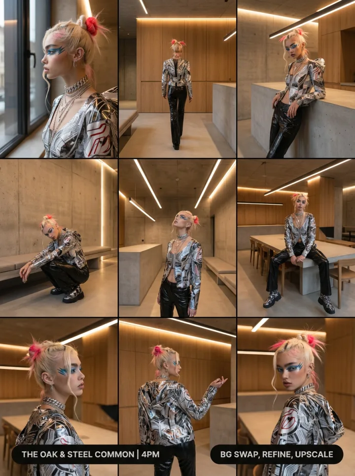 Same character dropped into a hotel scene across nine variations — bg swap, refine, upscale demo